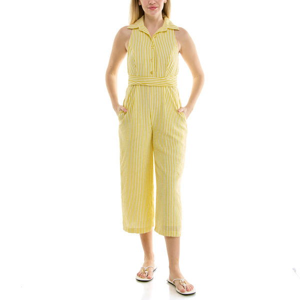 Gabby Skye MAISON TARA SEERSUCKER LINEN JUMPSUIT WITH POCKETS OLIVE/IVORY