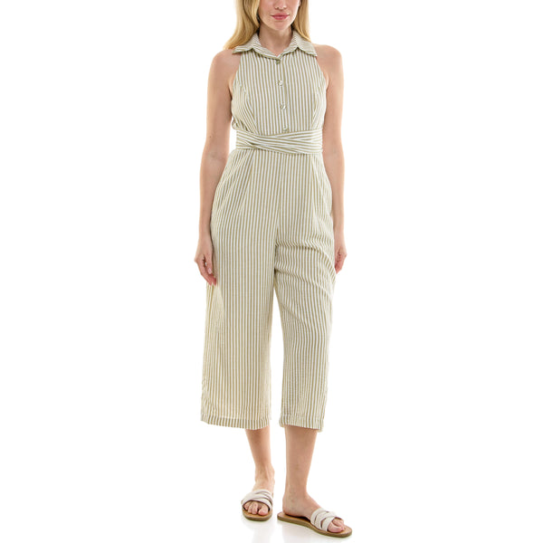 gabby skye MAISON TARA SEERSUCKER LINEN JUMPSUIT WITH POCKETS OLIVE/IVORY