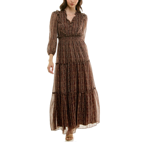 Gabby Skye MAISON TARA SHEER SLEEVE TIERED LORELAI CROCHET MAXI DRESS CARAMEL/BLACK
