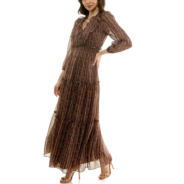 Gabby Skye MAISON TARA SHEER SLEEVE TIERED LORELAI CROCHET MAXI DRESS CARAMEL/BLACK