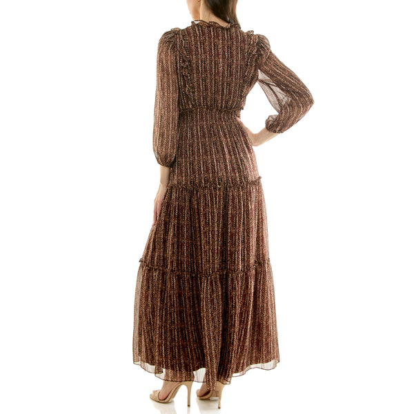 Gabby Skye MAISON TARA SHEER SLEEVE TIERED LORELAI CROCHET MAXI DRESS CARAMEL/BLACK