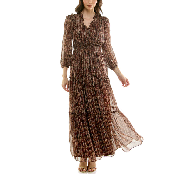 gabby skye MAISON TARA SHEER SLEEVE TIERED LORELAI CROCHET MAXI DRESS CARAMEL/BLACK