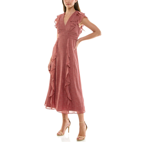 Gabby Skye MAISON TARA SHORT FLUTTER SLEEVE DOT PRINT CHIFFON MIDI DRESS ROSEWOOD/BIRCH