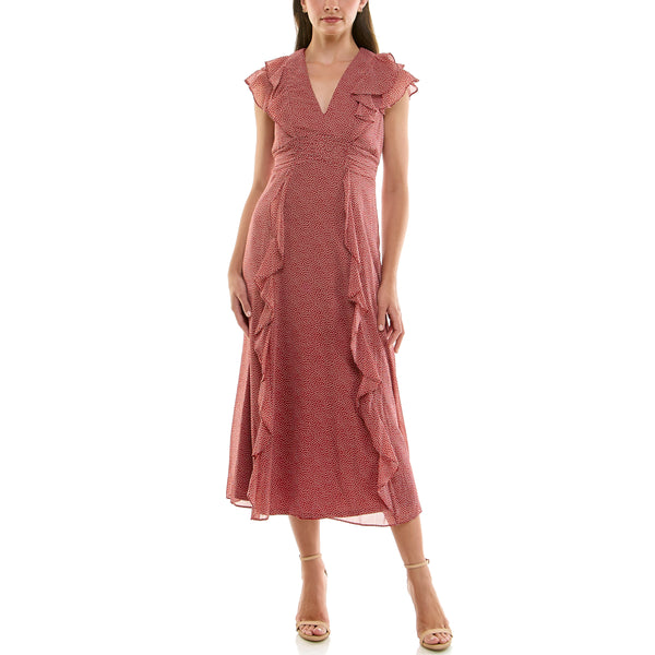 gabby skye MAISON TARA SHORT FLUTTER SLEEVE DOT PRINT CHIFFON MIDI DRESS ROSEWOOD/BIRCH