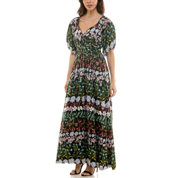 Gabby Skye MAISON TARA SHORT SLEEVE MULTICOLOR BOTANICAL PRINT MAXI DRESS BLACK/LAVENDER
