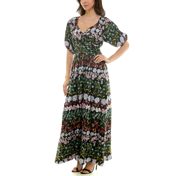 Gabby Skye MAISON TARA SHORT SLEEVE MULTICOLOR BOTANICAL PRINT MAXI DRESS BLACK/LAVENDER