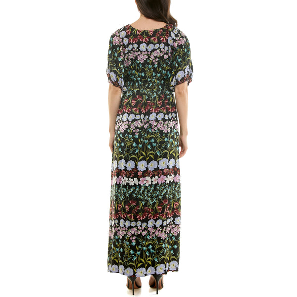 Gabby Skye MAISON TARA SHORT SLEEVE MULTICOLOR BOTANICAL PRINT MAXI DRESS BLACK/LAVENDER