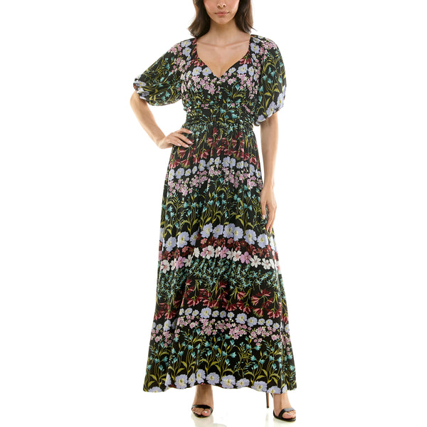 gabby skye MAISON TARA SHORT SLEEVE MULTICOLOR BOTANICAL PRINT MAXI DRESS BLACK/LAVENDER