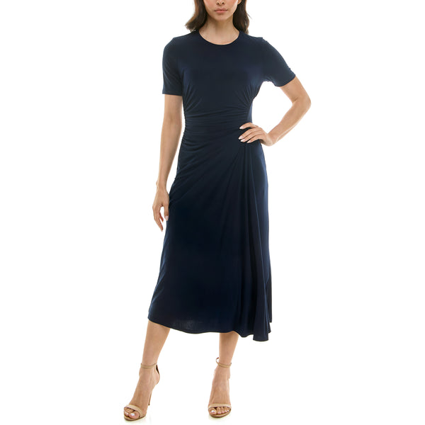 Gabby Skye MAISON TARA SHORT SLEEVE RUCHED STRETCH KNIT MIDI DRESS NAVY