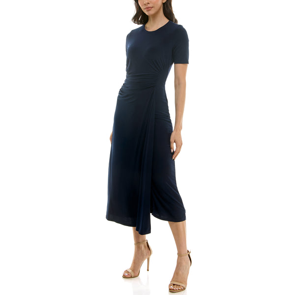 Gabby Skye MAISON TARA SHORT SLEEVE RUCHED STRETCH KNIT MIDI DRESS NAVY