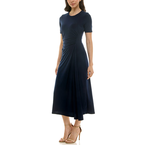 Gabby Skye MAISON TARA SHORT SLEEVE RUCHED STRETCH KNIT MIDI DRESS NAVY