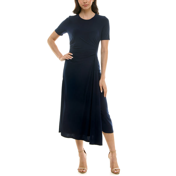 gabby skye MAISON TARA SHORT SLEEVE RUCHED STRETCH KNIT MIDI DRESS NAVY