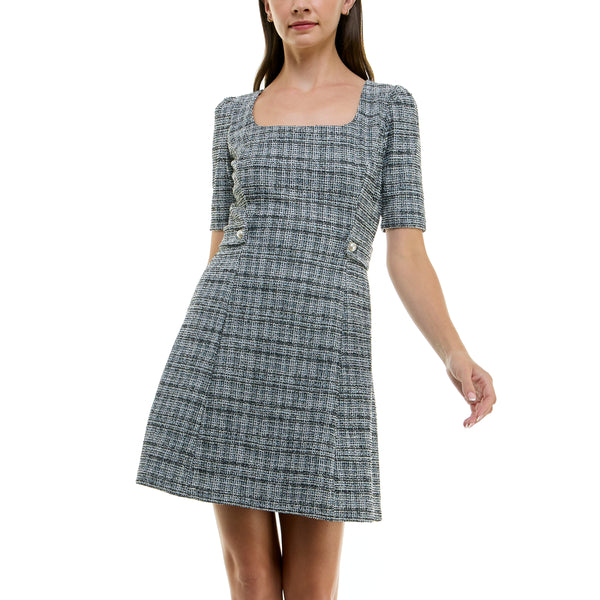 Gabby Skye MAISON TARA SHORT SLEEVE STRETCH BOUCLE MINI DRESS BLACK/CREAM/SKY BLUE