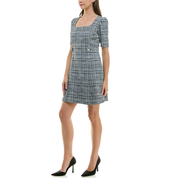 Gabby Skye MAISON TARA SHORT SLEEVE STRETCH BOUCLE MINI DRESS BLACK/CREAM/SKY BLUE