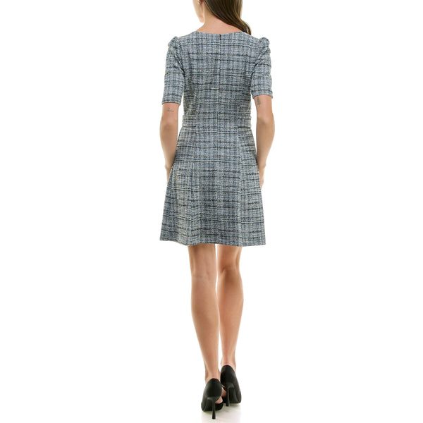 Gabby Skye MAISON TARA SHORT SLEEVE STRETCH BOUCLE MINI DRESS BLACK/CREAM/SKY BLUE