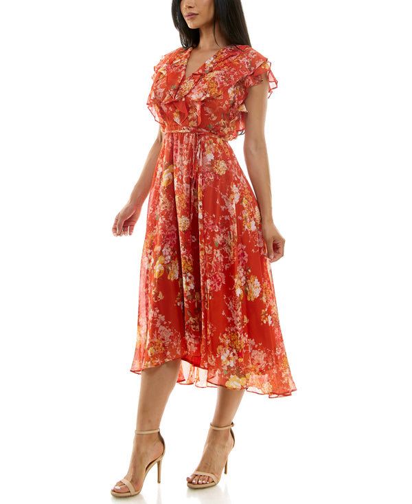 Gabby Skye MAISON TARA SHOULDER RUFFLE TIED WAIST DRESS - EXCHANGES ONLY PAPRIKA/GOLD