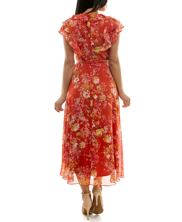 Gabby Skye MAISON TARA SHOULDER RUFFLE TIED WAIST DRESS - EXCHANGES ONLY PAPRIKA/GOLD