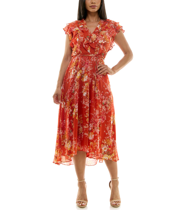Gabby Skye MAISON TARA SHOULDER RUFFLE TIED WAIST DRESS - EXCHANGES ONLY PAPRIKA/GOLD