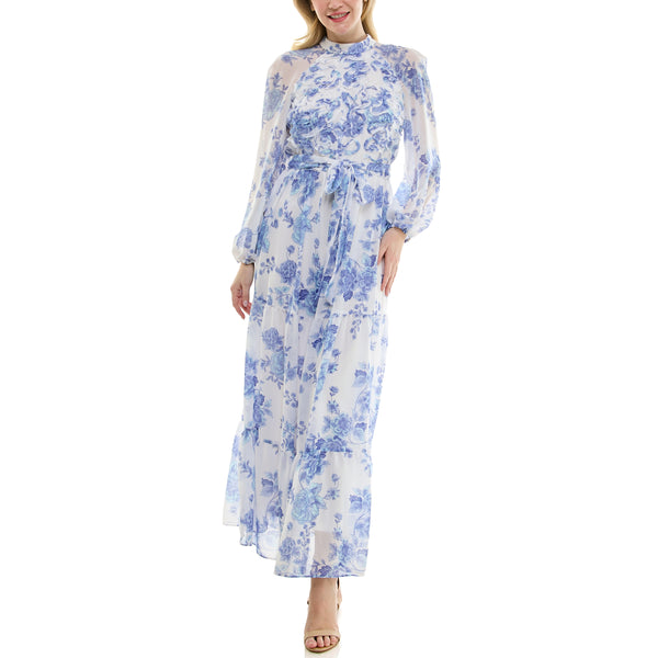 Gabby Skye MAISON TARA SLEEVED CHINOISERIE FLORAL PRINT MAXI DRESS IVORY/BLUE
