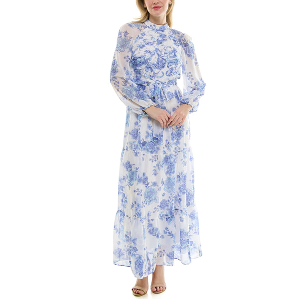Gabby Skye MAISON TARA SLEEVED CHINOISERIE FLORAL PRINT MAXI DRESS IVORY/BLUE