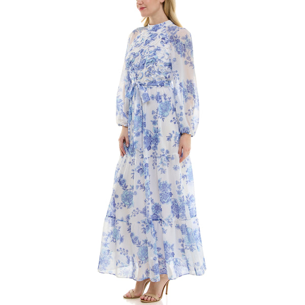 Gabby Skye MAISON TARA SLEEVED CHINOISERIE FLORAL PRINT MAXI DRESS IVORY/BLUE