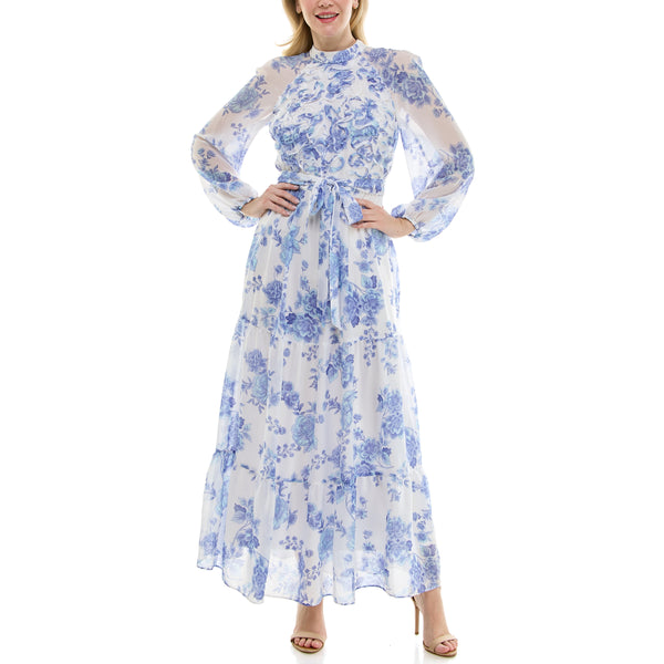 gabby skye MAISON TARA SLEEVED CHINOISERIE FLORAL PRINT MAXI DRESS IVORY/BLUE