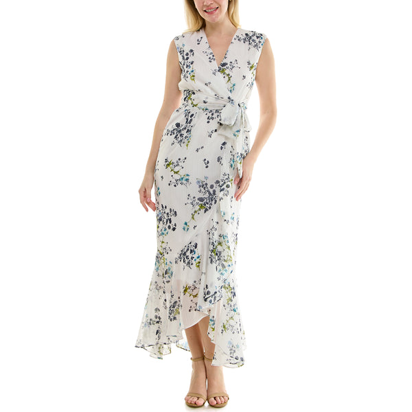 Gabby Skye MAISON TARA SLEEVELESS BLUEBELL PRINT CHIFFON RUFFLED FAUX WRAP MAXI DRESS IVORY/BLUEBELL
