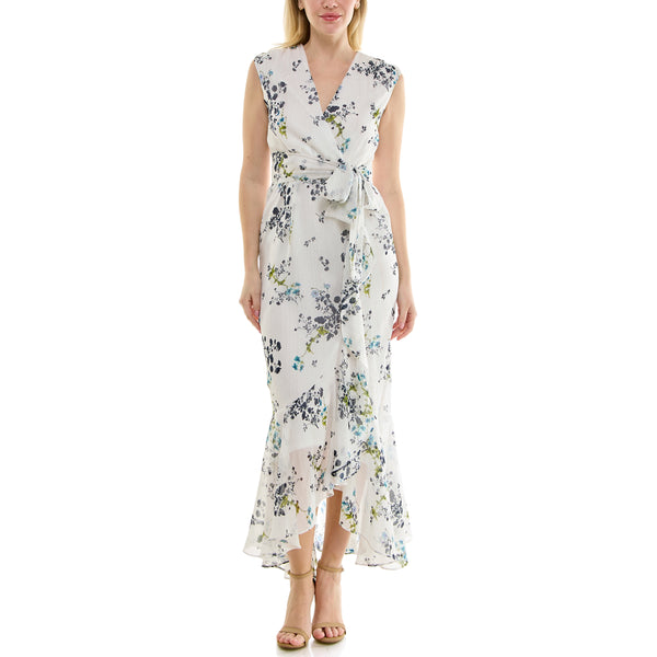 Gabby Skye MAISON TARA SLEEVELESS BLUEBELL PRINT CHIFFON RUFFLED FAUX WRAP MAXI DRESS IVORY/BLUEBELL