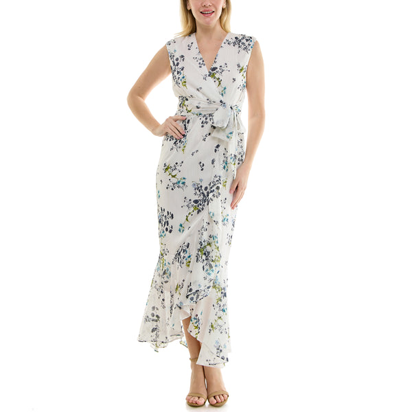 Gabby Skye MAISON TARA SLEEVELESS BLUEBELL PRINT CHIFFON RUFFLED FAUX WRAP MAXI DRESS IVORY/BLUEBELL