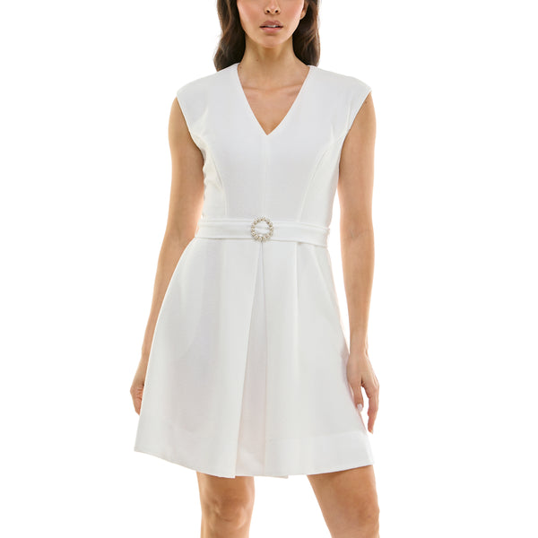 Gabby Skye MAISON TARA SLEEVELESS BOUCLE BELTED KNEE LENGTH DRESS WITH POCKETS IVORY