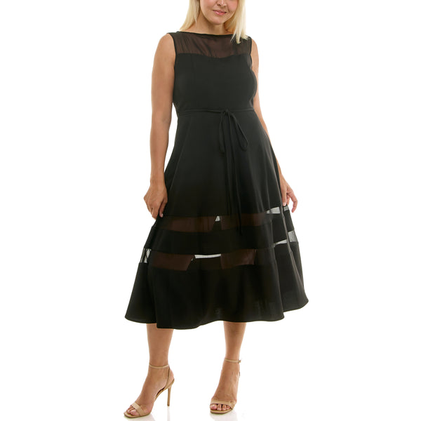 Gabby Skye MAISON TARA SLEEVELESS CREPE SEMI-SHEER CURVE MIDI DRESS BLACK