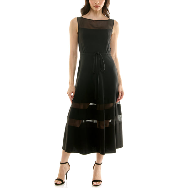 Gabby Skye MAISON TARA SLEEVELESS CREPE SEMI-SHEER MIDI DRESS BLACK