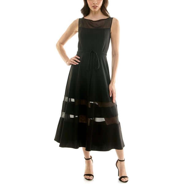 Gabby Skye MAISON TARA SLEEVELESS CREPE SEMI-SHEER MIDI DRESS BLACK
