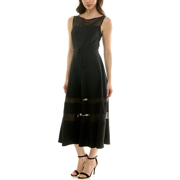 Gabby Skye MAISON TARA SLEEVELESS CREPE SEMI-SHEER MIDI DRESS BLACK