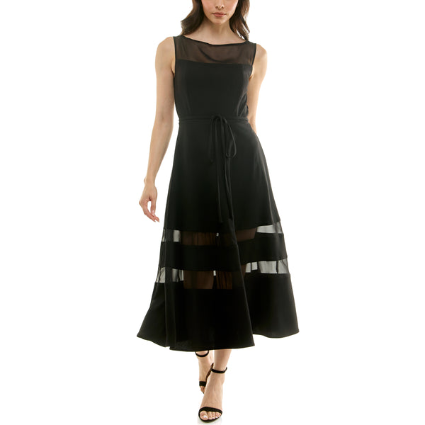 gabby skye MAISON TARA SLEEVELESS CREPE SEMI-SHEER MIDI DRESS BLACK
