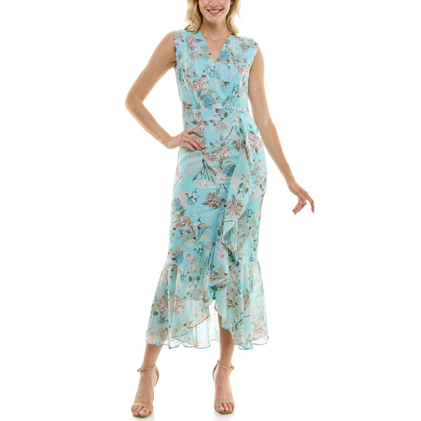 Gabby Skye MAISON TARA SLEEVELESS FLORAL PRINT RUFFLED MAXI DRESS - EXCHANGES ONLY MINT MULTI