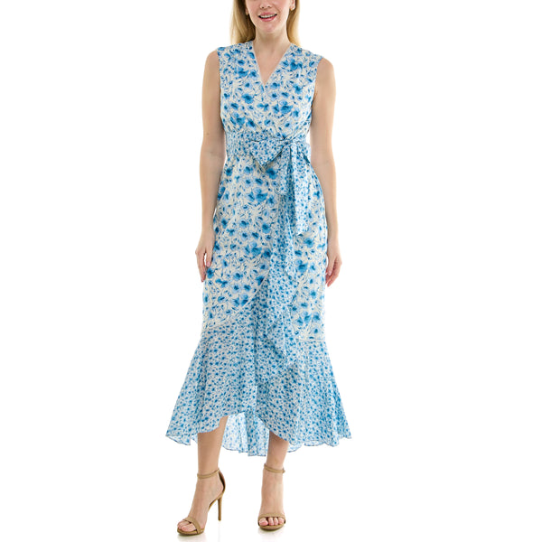 Gabby Skye MAISON TARA SLEEVELESS MIXED BLUEBELL PRINT WRAP MAXI DRESS IVORY/DENIM