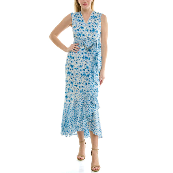 Gabby Skye MAISON TARA SLEEVELESS MIXED BLUEBELL PRINT WRAP MAXI DRESS IVORY/DENIM