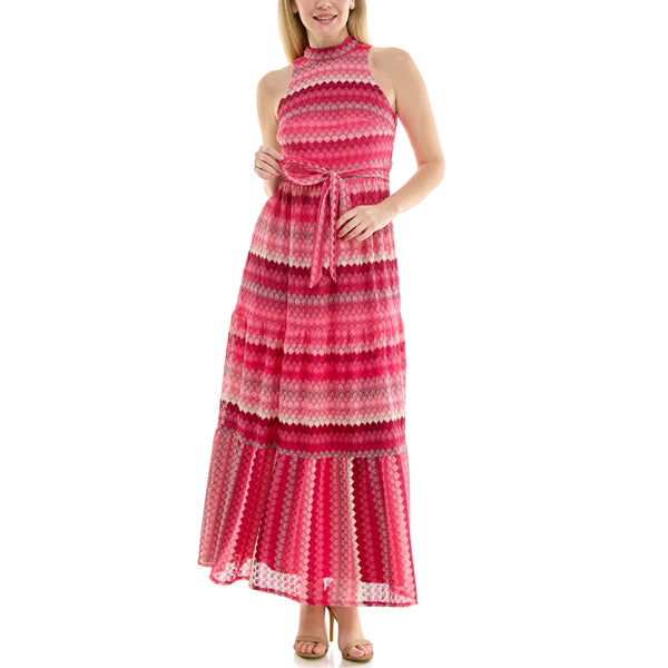 Gabby Skye MAISON TARA SLEEVELESS MIXED PRINT BELTED HALTER MAXI DRESS MAGENTA MULTI