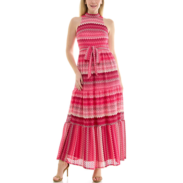 Gabby Skye MAISON TARA SLEEVELESS MIXED PRINT BELTED HALTER MAXI DRESS MAGENTA MULTI