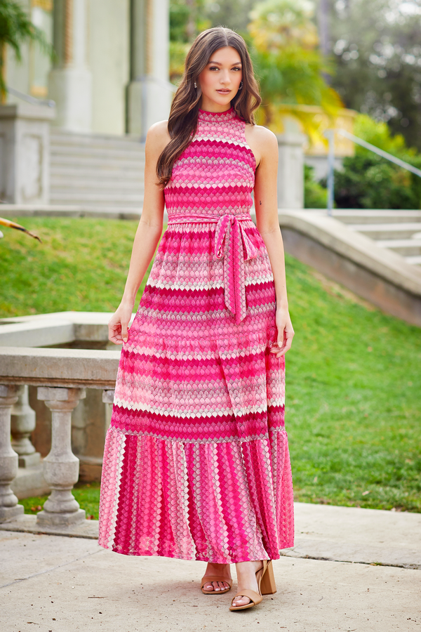 gabby skye MAISON TARA SLEEVELESS MIXED PRINT BELTED HALTER MAXI DRESS MAGENTA MULTI