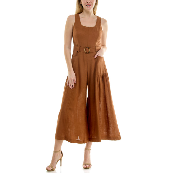 Gabby Skye MAISON TARA SLEEVELESS SQUARE NECK BELTED LINEN JUMPSUIT WITH POCKETS COPPER