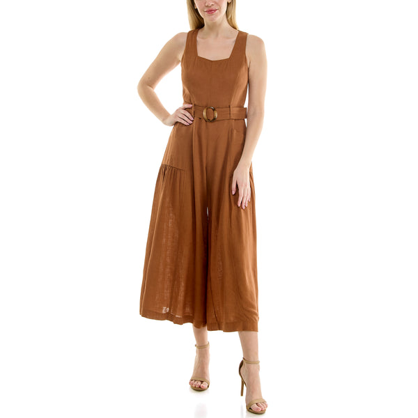 Gabby Skye MAISON TARA SLEEVELESS SQUARE NECK BELTED LINEN JUMPSUIT WITH POCKETS COPPER