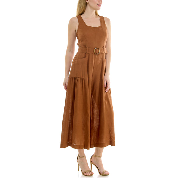 Gabby Skye MAISON TARA SLEEVELESS SQUARE NECK BELTED LINEN JUMPSUIT WITH POCKETS COPPER