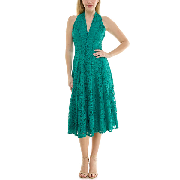 Gabby Skye MAISON TARA SLEEVELESS V-NECK SOLID LACE MIDI DRESS SEAGLASS