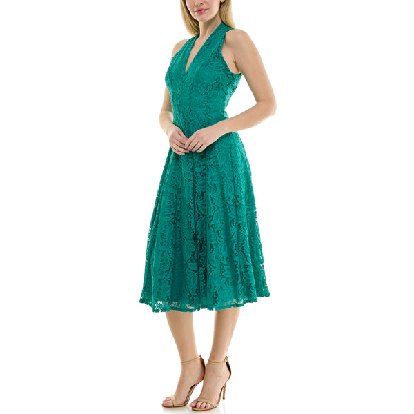 Gabby Skye MAISON TARA SLEEVELESS V-NECK SOLID LACE MIDI DRESS SEAGLASS