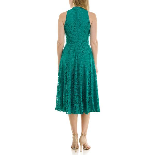 Gabby Skye MAISON TARA SLEEVELESS V-NECK SOLID LACE MIDI DRESS SEAGLASS