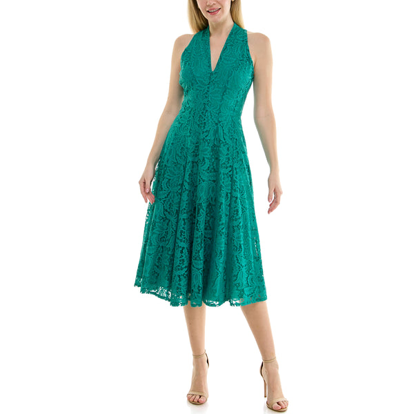 gabby skye MAISON TARA SLEEVELESS V-NECK SOLID LACE MIDI DRESS SEAGLASS