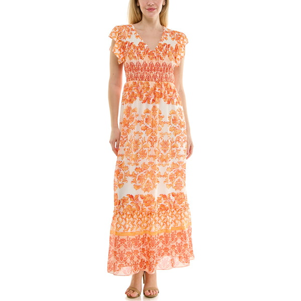 Gabby Skye MAISON TARA SMOCK TOP MIXED PRINT MAXI DRESS IVORY/TANGERINE
