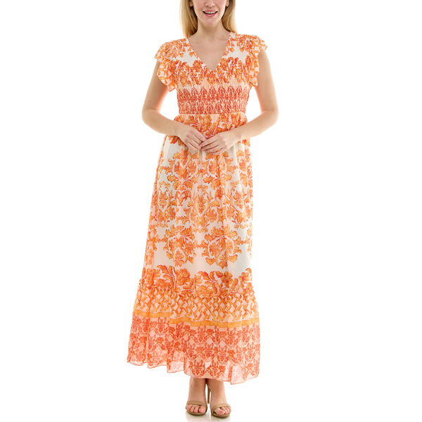 Gabby Skye MAISON TARA SMOCK TOP MIXED PRINT MAXI DRESS IVORY/TANGERINE